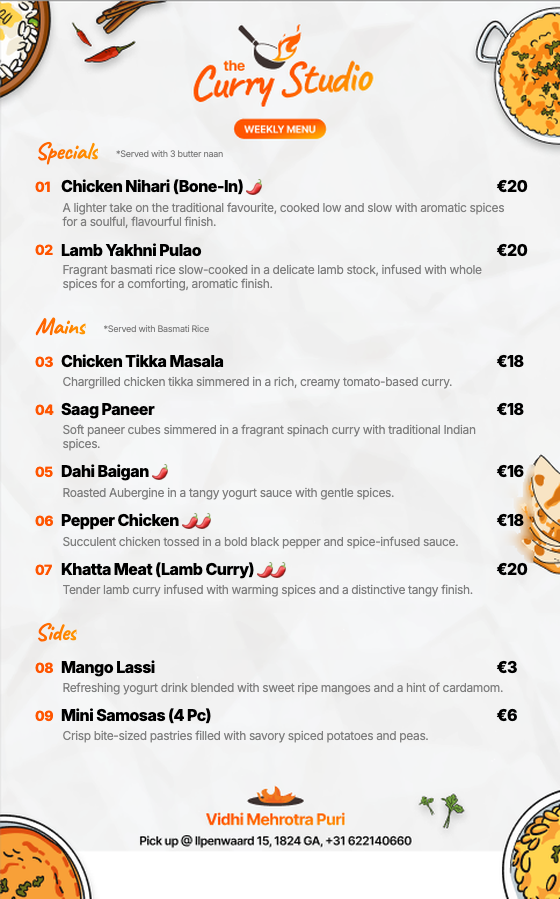 The Curry Studio weekly menu for Week 32, 2026