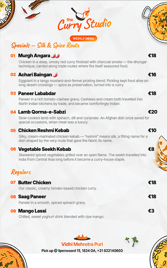 The Curry Studio weekly menu for Week 33, 2026
