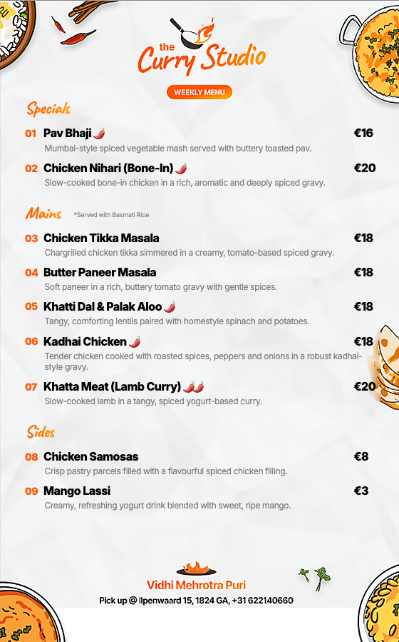 The Curry Studio weekly menu for Week 34, 2026