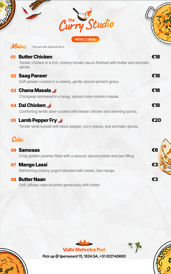 The Curry Studio weekly menu for Week 35, 2026
